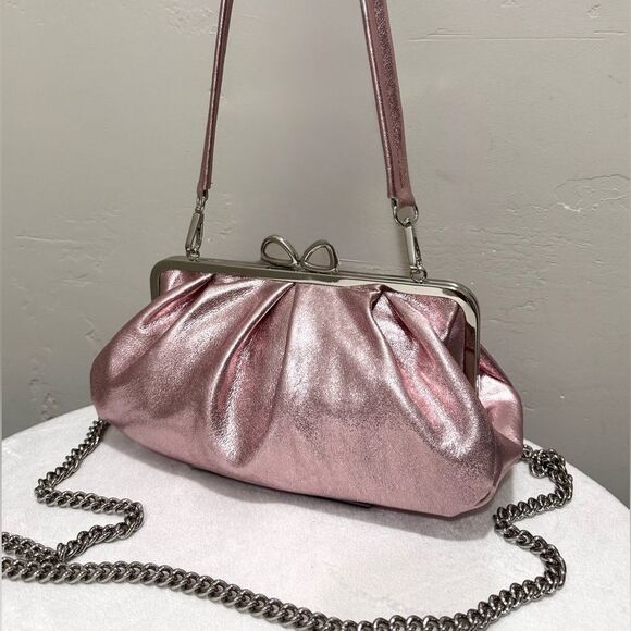 Pearlescent Pink Lambskin Handmade “Bow” Shaped Kisslock Slouchy Bag, Multi Use - Picture 1 of 16